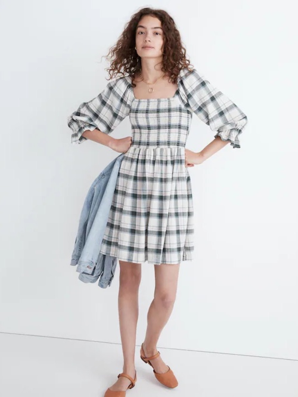 Madewell Lucie Elbow Sleeve Smocked Mini Dress Lebaum Plaid Small